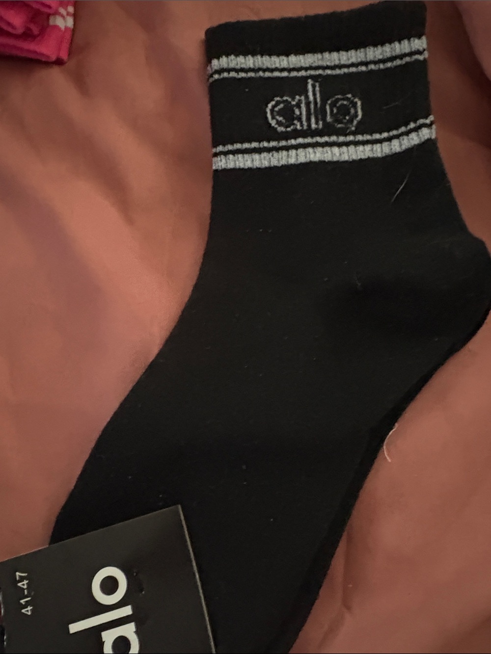 ALO Yoga Black Crew Socks with White Stripe Detail